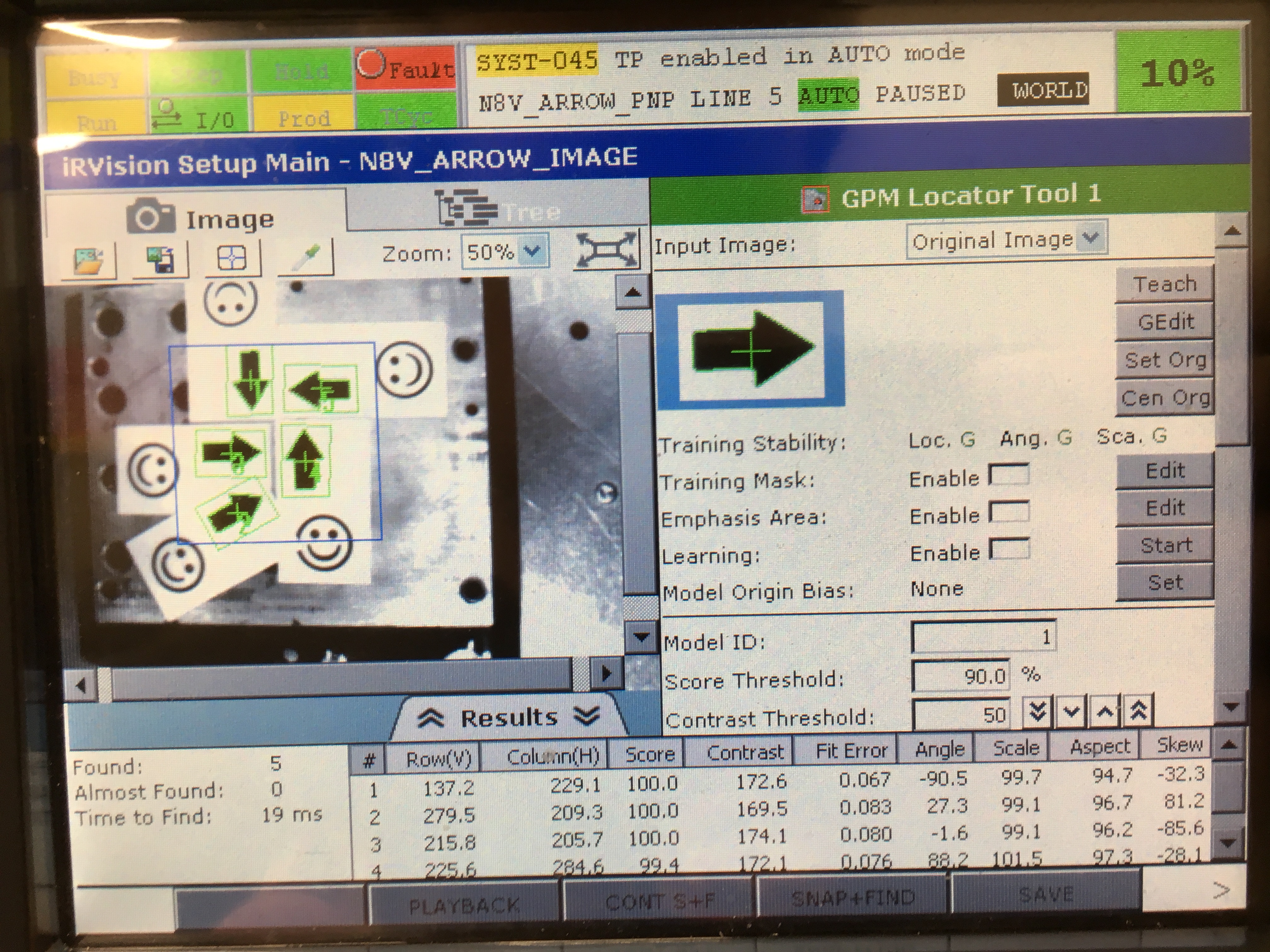 This is a picture of one of my FANUC teach image tests where I have the vision system selecting several arrows.